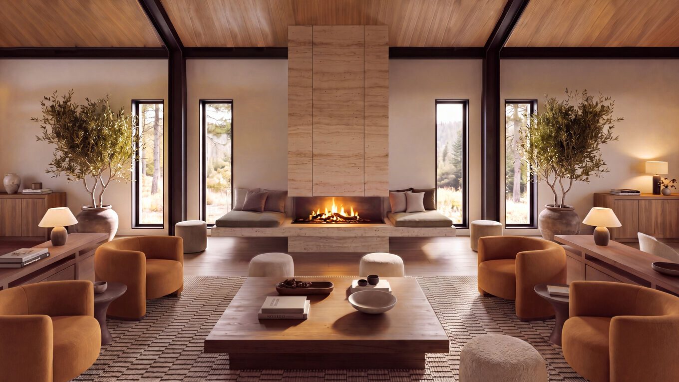 Artist’s rendering of the Orchard Club lounge with a travertine fireplace and tall windows onto the woods