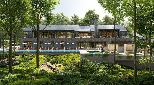 Artist’s rendering of a Private Home in stone, timber and glass among the trees